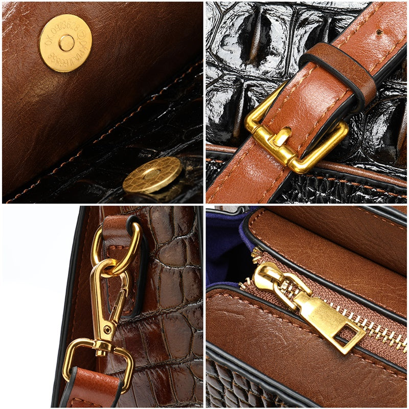 Vintage Genuine Leather Women’s Boston Handbag – Alligator Pattern Shoulder & Crossbody Bag
