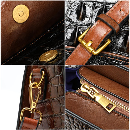 Vintage Genuine Leather Women’s Boston Handbag – Alligator Pattern Shoulder & Crossbody Bag