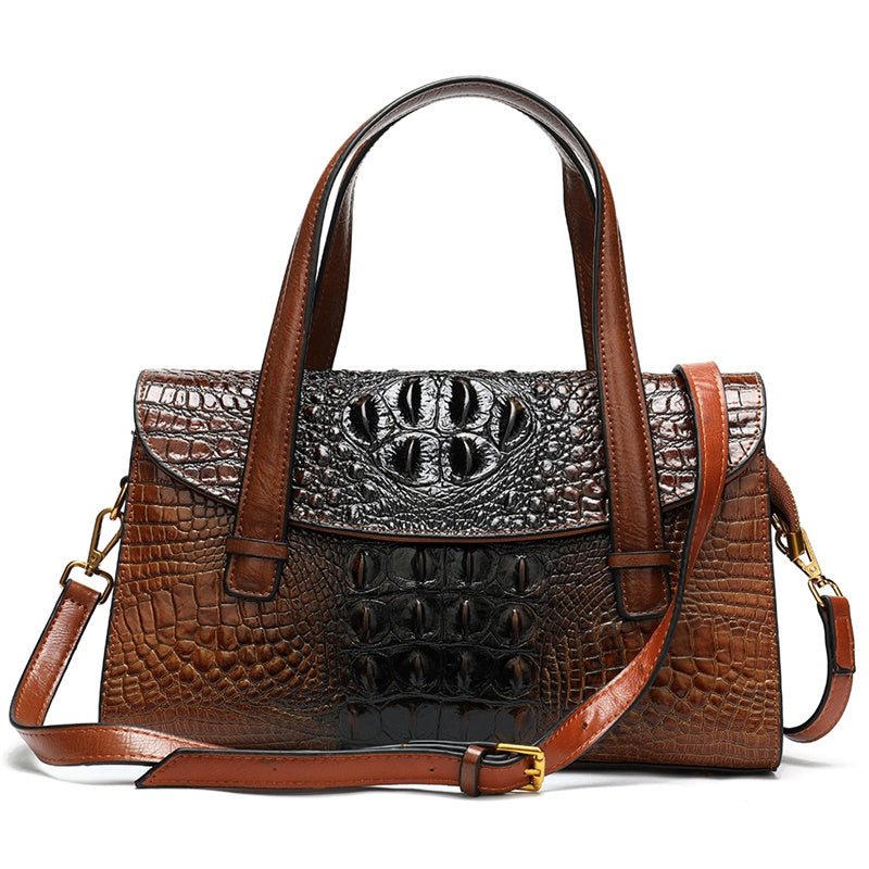 Vintage Genuine Leather Women’s Boston Handbag – Alligator Pattern Shoulder & Crossbody Bag