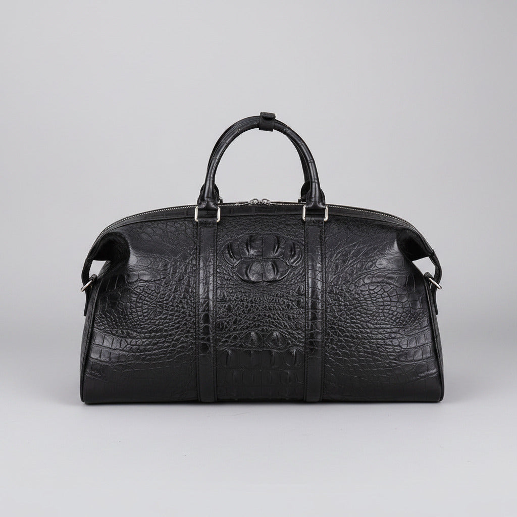 Black textured handbag on a red background