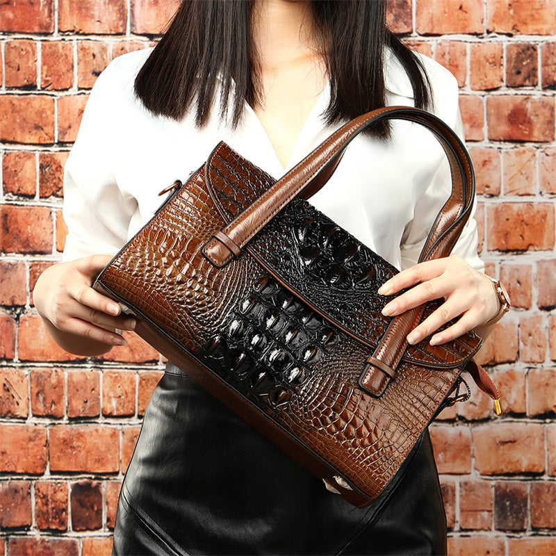Vintage Genuine Leather Women’s Boston Handbag – Alligator Pattern Shoulder & Crossbody Bag