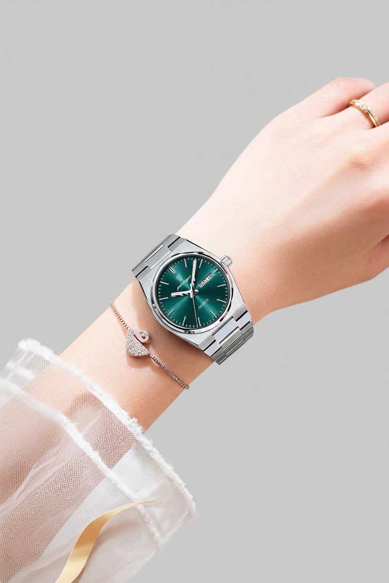 Watch on a wrist with a decorative background and text about elegance and confidence.